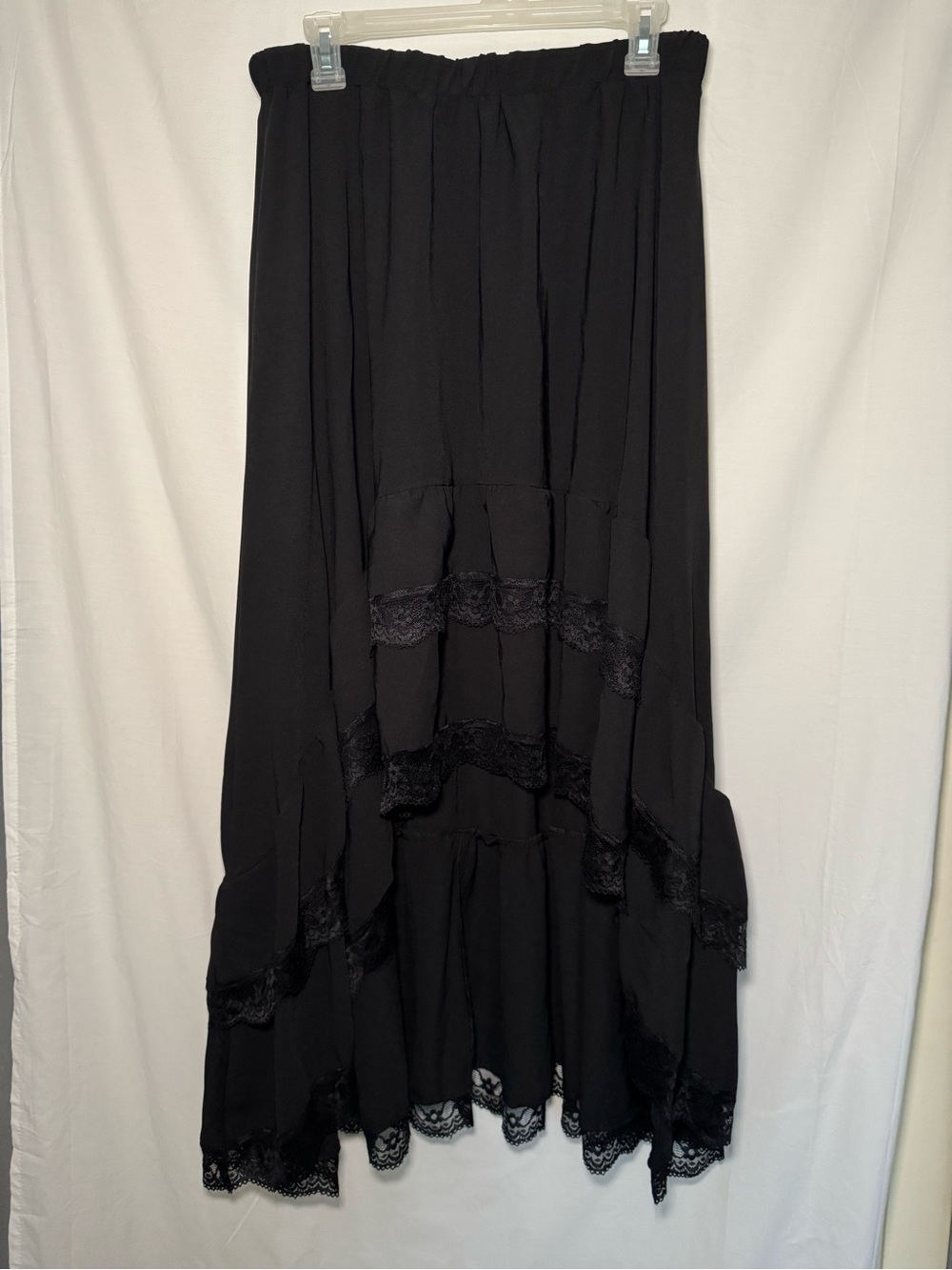 Black Tiered High-Low Lace Skirt Whimsigoth Asymmetric Maxi L/XL